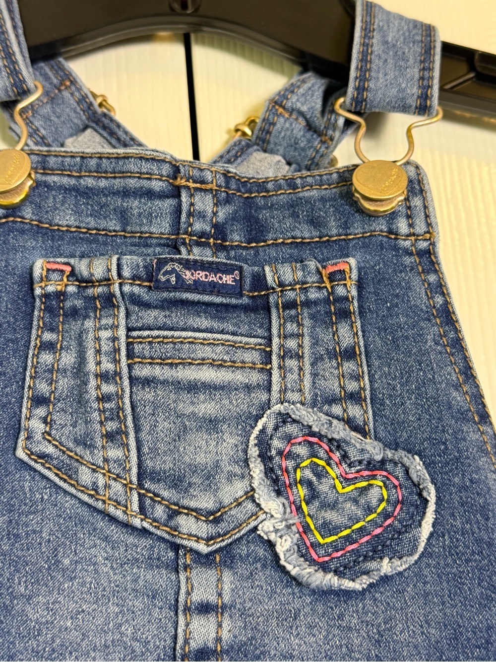 Jordache Blue Denim Girls Rainbow Embroidered Short Overalls - Picture 2 of 7